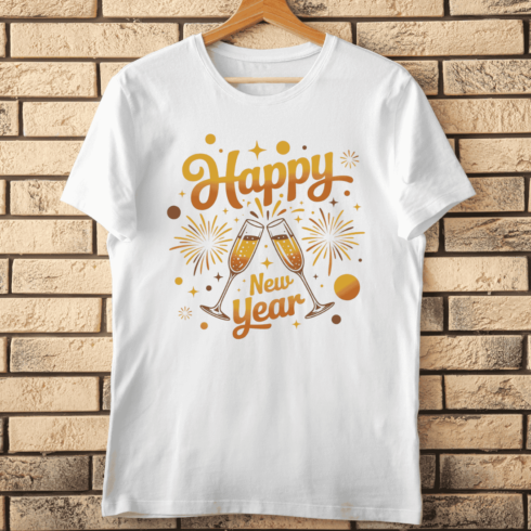 Elegant Happy New Year with Fireworks and Gold Script T-Shirt Design cover image.