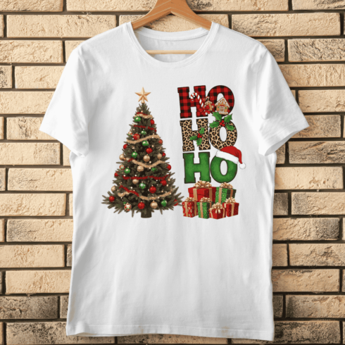 Ho Ho Ho Text with Decorated Tree And Holiday Textures T-Shirt Design cover image.