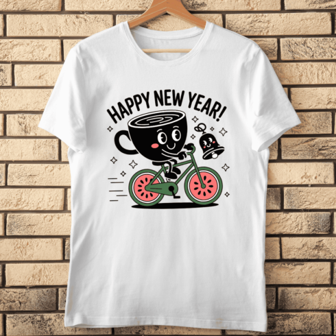 New Year's Coffee Cup Mascot on Bicycle T-Shirt Design cover image.