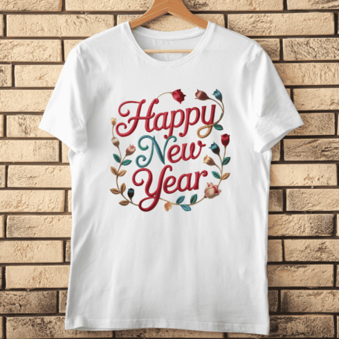 Embroidered Happy New Year Wreath with Floral T-Shirt Design cover image.