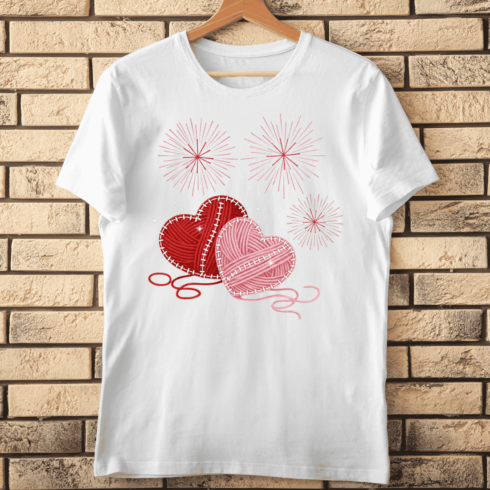 Pink and Red Skeins of Yarn Forming Hearts T-Shirt Design cover image.