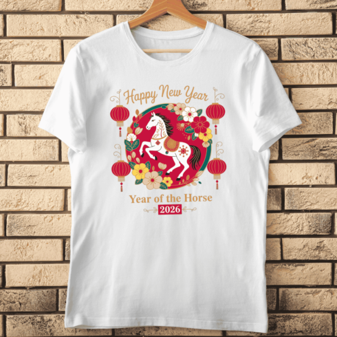 Elegant Year of the Horse 2026 with Lanterns and Flowers T-Shirt Design cover image.