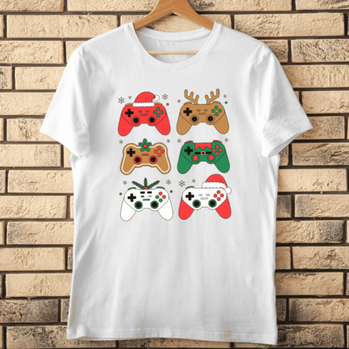 Gaming Controllers Set with Festive Decor T-Shirt Design cover image.