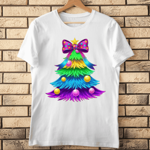 Quirky & Colorful Pine Tree with Neon Colors Polka Dot Bow T-Shirt Design cover image.