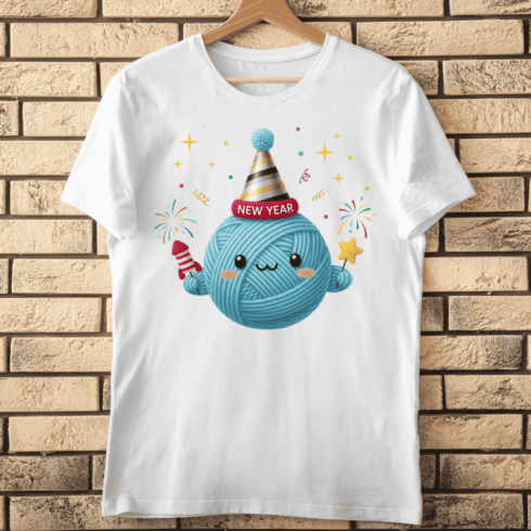 Blue Thread Ball Celebrating New Year's Eve T-Shirt Design cover image.
