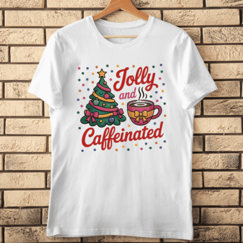 Festive Tree, Hot Drink Mug, and Typography T-Shirt Design cover image.