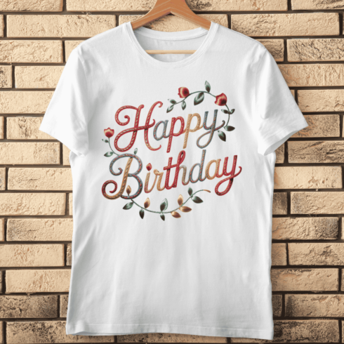Multi-Colored Needlework Happy Birthday T-Shirt Design cover image.