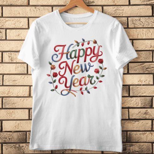 Elegant Embroidered Happy New Year Script with Floral Rose T-Shirt Design cover image.