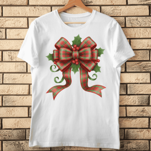 Festive Plaid Ribbon Bow and Holly Berries T-Shirt Design cover image.
