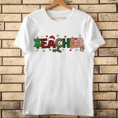 Festive Teacher with Plaid and Animal Print T-Shirt Design cover image.