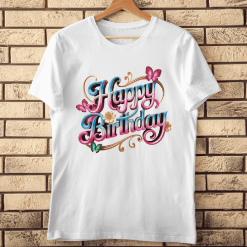 3D Happy Birthday Lettering with Butterflies, Flowers, and Gold T-Shirt Design cover image.