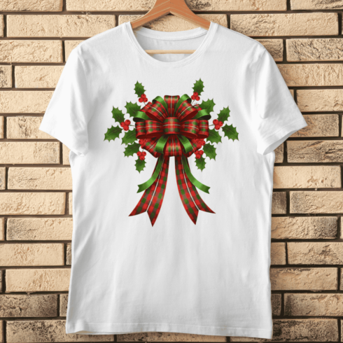 Layered Plaid and Green Satin Bow with Holly and Berries T-Shirt Design cover image.