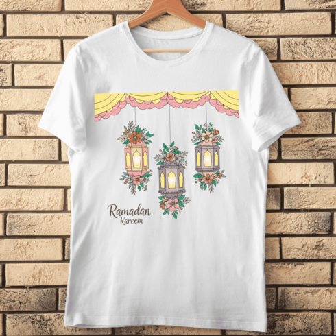 Ramadan Mubarak Three Hanging Lanterns and Flowers T-Shirt Design cover image.
