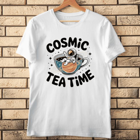 Cosmic Tea Time Cute Astronaut in Coffee Cup T-Shirt Design cover image.