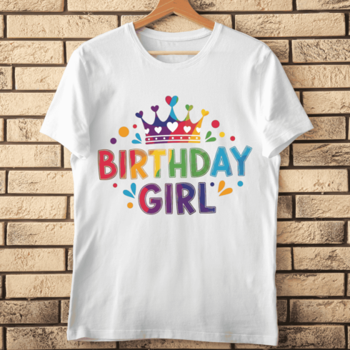 Colorful Birthday Girl Text with and Crown T-Shirt Design cover image.