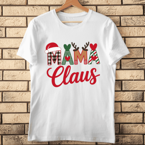Cute Mama Claus Lettering with Checkered Patterns T-Shirt Design cover image.