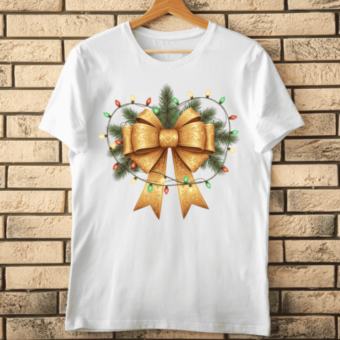 Ornate Gold Holiday Bow and Retro String Lights T-Shirt Design cover image.