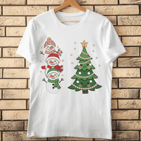 Cute Pine Tree and Snowmen Stack T-Shirt Design cover image.