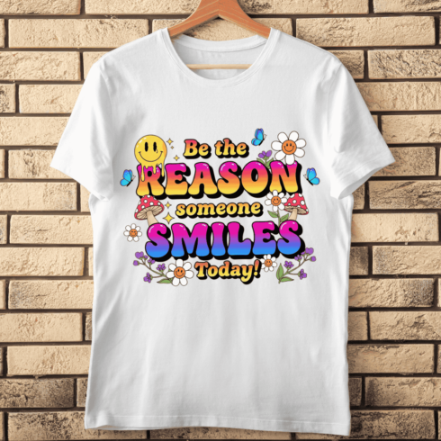 Happy Vibes Retro Text and Cartoon Flowers T-Shirt Design cover image.