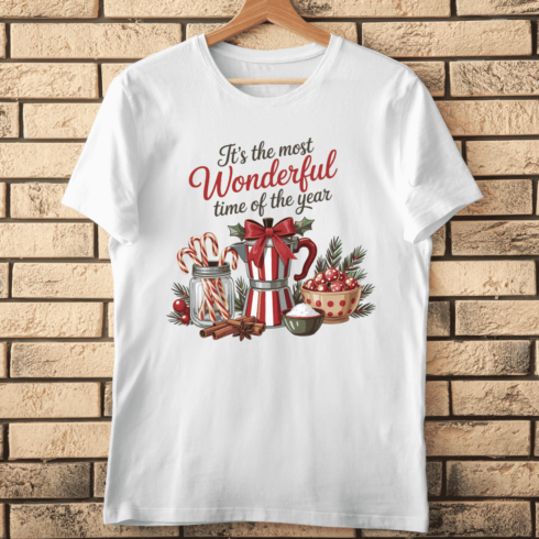 Retro Festive Quote with Cocoa Pitcher and Candy Canes T-Shirt Design cover image.
