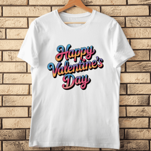 Embroidered Rainbow Happy Valentine's Day Text T-Shirt Design cover image.