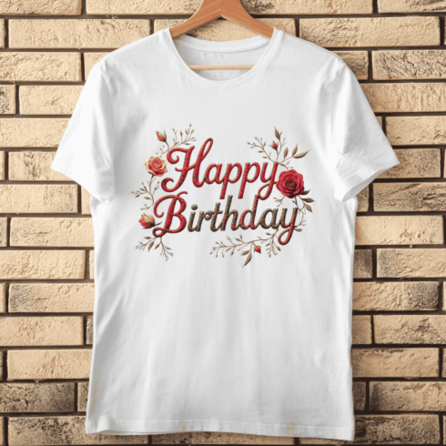Elegant Happy Birthday Script with Floral Rose Border and Texture T-Shirt Design cover image.