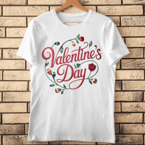 Embroidered Valentine's Day Script with Romantic Floral Wreath T-Shirt Design cover image.
