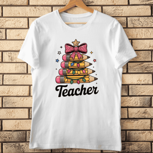 Festive Holiday Teacher Text with Pencil Stack Tree T-Shirt Design cover image.