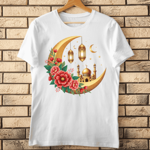 Golden Crescent Moon and Mosque with Red Floral T-Shirt Design cover image.