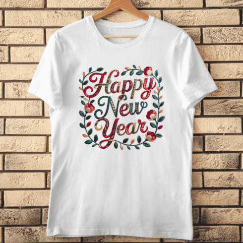 Needlework Happy New Year with Red and Colorful Flowers T-Shirt Design cover image.