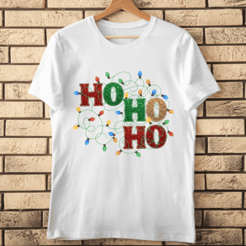 Retro String Lights and Sparkling HO HO HO Typography T-Shirt Design cover image.