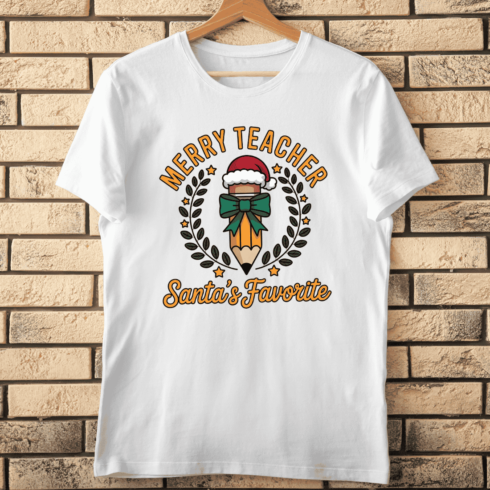 Merry Teacher Santa Favorite Typography T-Shirt Design cover image.