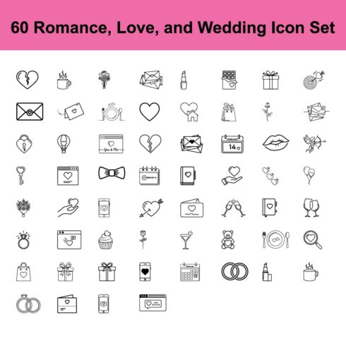 Collection of 60 Romance Love & Marriage Outline Icon Set Bundles cover image.