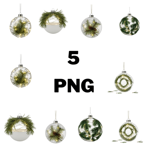 Festive Holiday Bauble with Pine Needles and Fairy Lights Sublimation Clipart Bundle cover image.