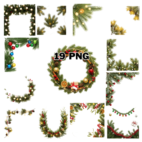 Festive Natural Pine Wreath and Garland Sublimation Clipart Bundle cover image.