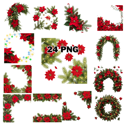 Holiday Poinsettia Pine Frame Sublimation Clipart Bundle cover image.