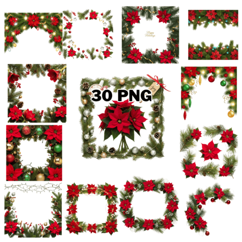 Poinsettia Frames Borders and Corners Sublimation Clipart Bundle cover image.
