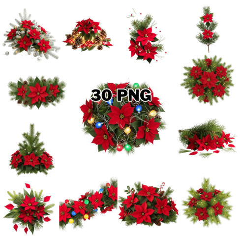 Winter Holiday Poinsettia Flower Arrangement Sublimation Clipart Bundle cover image.