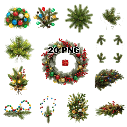 Pine Ornaments Lights Decoration Elements Sublimation Clipart Bundle cover image.
