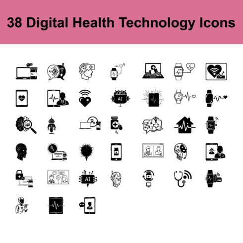Digital health technology icons set featuring ai, wearable tech, telemedicine, health data analysis, and remote patient monitoring solutions for modern healthcare innovation cover image.
