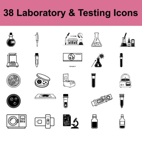 Collection of Thirty Eight Laboratory and Testing Icons Depicting Equipment Like Microscope and Flasks for Experiments on Pink Background with Headline cover image.