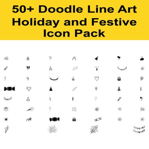 50+ Doodle Line Art Holiday and Festive Icon Pack cover image.