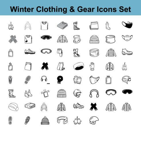 Collection of 60+ Winter Clothing and Gear Icons for Outdoor Activities a Set of Simple Line Art Illustrations Representing Seasonal Apparel and Equipment cover image.