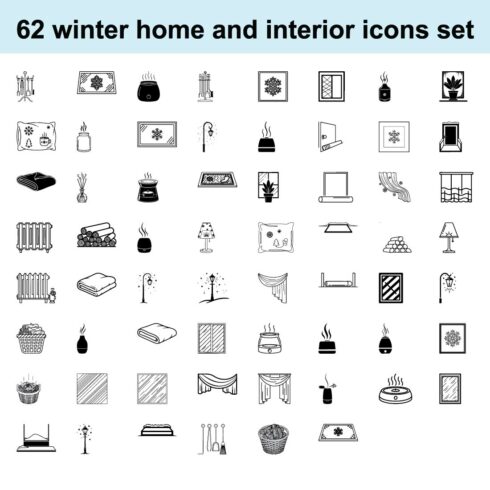 Collection of 62 winter home and interior icons set with vector illustrations for cozy designs cover image.