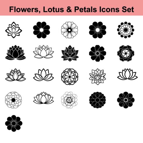 Collection of Decorative Lotus Flowers and Blossoms Icons for Floral Design in Black and White Colors a Versatile Set for Creative Projects and Graphic Elements cover image.