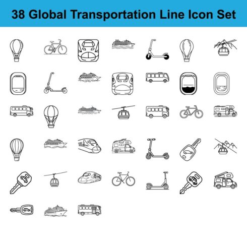 38 global transportation line icon set featuring train, cruise ship, car, bus, airplane, hot air balloon, scooter and bicycle in black and white color cover image.