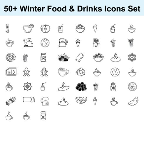 Collection of 50+ Winter Food and Drinks Icons Set Featuring Holiday Season Treats and Beverages for Cold Weather Celebrations and Cozy Gatherings cover image.