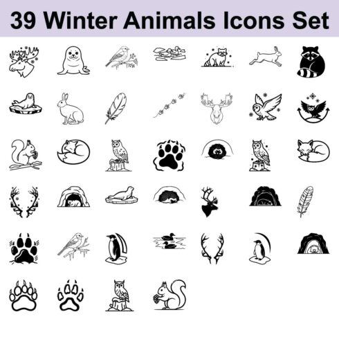 Collection of 39 Winter Animals Icons Set Vector Illustration with Moose Seal Bird Ducks Raccoon Hare Squirrel Fox Owl Penguin and Bear Paw Prints cover image.