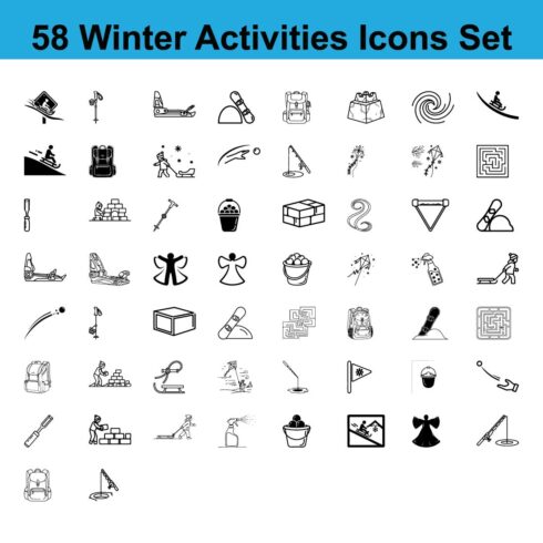 Collection of Linear Black and White Winter Activities Icons Set for Sport and Fun in Snowy Season and Winter Holidays Isolated cover image.