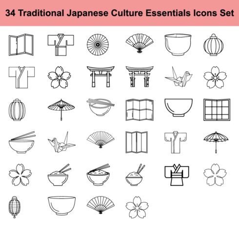 34 Traditional Japanese Culture Essentials Icons Set cover image.